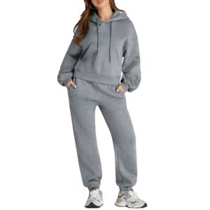 Ensemble de survêtement décontracté à capuche pour femme, gris fumé, en polaire mi-épaisse, 2 pièces, pour le sport et le streetwear, couleur unie - Product Image 1