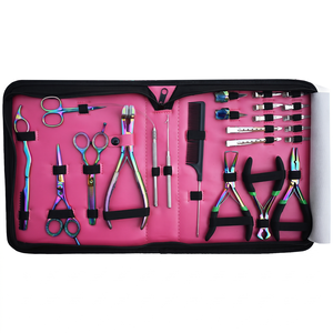 Factory Direct Hair Extension Tools Kit Rainbow Coated <b>Crimping</b> Remover Pliers Razor Scissor Parting Ring Pink Case - Product Image 3