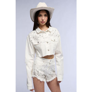 High Street Fur Collar Long Sleeve Vintage Faded Acid Washed <b>Denim</b> <b>Jacket</b> Raw Edges Slim Fit Cropped <b>Jacket</b> for Women - Product Image 2