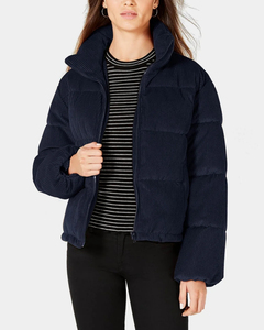 <b>Women's</b> <b>Navy</b> Corduroy Puffer Jacket High Collar Zip Up <b>Winter</b> <b>Coat</b> Custom Quilted Outerwear Wholesale Clothing Manufacturer OEM - Product Image 1