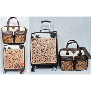 Ensemble de bagages de voyage 2 pièces en cuir de vachette style occidental, valise à roulettes en cuir repoussé à la main avec sacs à langer assortis à bandoulière - Product Image 1