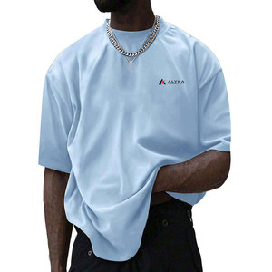เสื้อยืดผู้ชายสีน้ำเงิน ผ้าฝ้าย 100% น้ำหนัก 220 กรัม ทรงหลวม แขนสั้น คอกลม สีพื้น สามารถออกแบบโลโก้ด้านหน้าได้ตามต้องการ สไตล์ลำลอง ทรงบ็อกซี่ เป็นมิตรต่อสิ่งแวดล้อม - Product Image 1