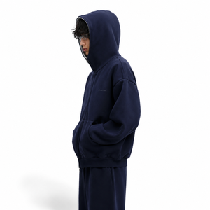 Men's Oversized <b>Navy</b> Blue Zip-Up Hoodie 100% Cotton Fleece Casual Hooded <b>Sweatshirt</b> Solid Color Front Logo Autumn Wear - Product Image 2
