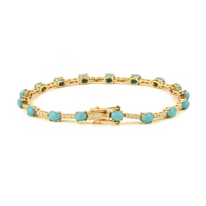 Elegant Trendy Design 4x3mm Turquoise & Diamond K14 <b>Solid</b> Yellow <b>Gold</b> Sleek Tennis Bracelet For Unisex Everyday Wear Jewelry - Product Image 5