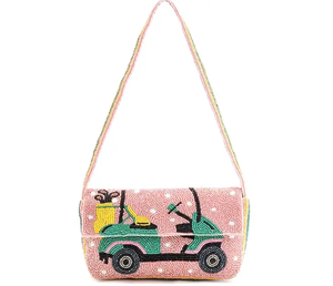 Sac à bandoulière perlé pour femmes, à sangle unique, motif chariot de golf brodé, fermeture éclair, sac à main tendance toutes saisons - Product Image 1