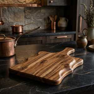 Planche à découper en bois d'acacia de haute qualité, faite à la main, avec poignée, design ondulé unique sur le côté, solide et robuste, pour la préparation des aliments - Product Image 2