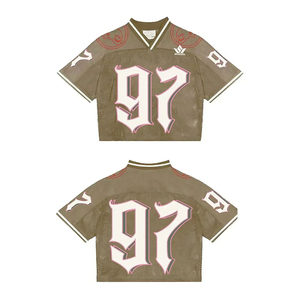 เสื้อฟุตบอลอเมริกันสีน้ำตาลสำหรับผู้ชาย หมายเลข 97 คอวี แขนสั้น ผ้าตาข่ายโพลีเอสเตอร์ระบายอากาศได้ดี แบบซับลิเมชั่น ชุดยูนิฟอร์มทีมแบบสั่งทำ - Product Image 2