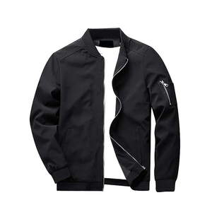 Men's Black Bomber <b>Jacket</b> Solid Color <b>Mandarin</b> <b>Collar</b> Zipper Closure Casual Style Viscose/Polyester Material Regular Fit - Product Image 1