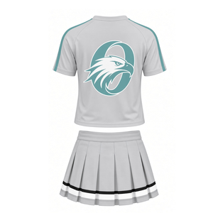 Ensemble uniforme de cheerleading pour adultes, blanc et turquoise imprimé, haut à manches courtes, jupe plissée, tenue de sport athlétique pour l'entraînement et la pratique - Product Image 2