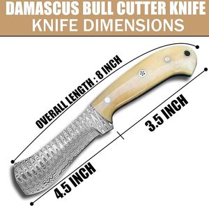 Couteau de chasse Damas OEM artisanal pas cher, lame fixe de 8 pouces, manche en os, lame pleine longueur, qualité industrielle, couteau de cowboy avec étui en cuir - Product Image 2