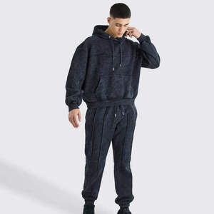 Survêtement à capuche en coton délavé gris foncé pour homme, coupe ample, manches longues, couleur unie, fermeture à cordon, poches latérales, automne - Product Image 1