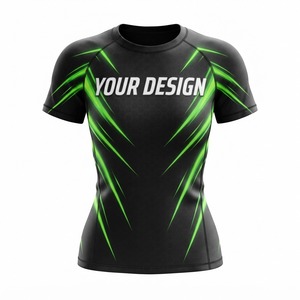 <b>Women</b> Black Green Compression Rash Guard Short Sleeve Digital Print Quick Dry Athletic Training Shirt UPF50+ Eco-Friendly - Product Image 1