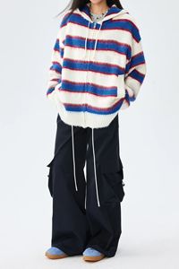 Cardigan à rayures d'hiver avec capuche, logo personnalisé, en mohair, fermeture éclair intégrale, pull en tricot surdimensionné pour homme - Product Image 5