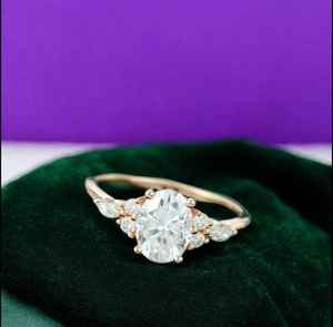 Bague de fiançailles ovale en moissanite 3 carats, style vintage, grappe, en argent sterling 925 plaqué or 14 carats, coupe marquise, Art Déco - Product Image 6