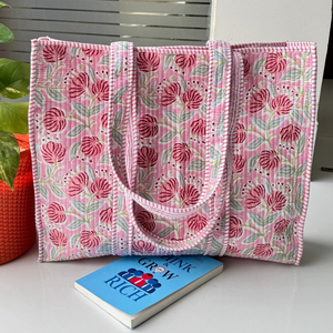 Bolsa de Mano de Algodón Hecha a Mano, de Alta Calidad, Grande, Acolchada, con Hermoso Estampado de Bloques, Reversible, Abierta, para Compras en el Mercado de Otoño - Product Image 1
