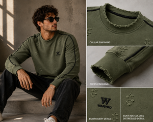เสื้อสเวตเตอร์คอกลมสีเขียวมะกอกสำหรับผู้ชาย Warpro ทรงปกติ ผ้าฝ้ายถัก สวมใส่สบายๆ ในฤดูใบไม้ร่วง ดีไซน์แบบทำเก่า - Product Image 4