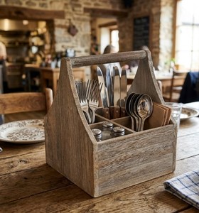 Farmhouse Wooden Utensil Organizer <b>Caddy</b> with Handle Four Compartment Storage for <b>Kitchen</b> Counter Dining Table and Picnic - Product Image 4