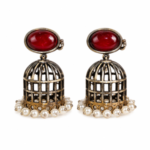 Boucles d'oreilles pendantes vintage en argent oxydé en forme de cloche avec imitation de perle de jade, bijoux ethniques pour femmes, vente en gros - Product Image 1