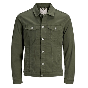 Veste en jean enduite vert olive pour homme, col rabattu décontracté, fermeture boutonnée, coupe classique, couleur unie, coton, hiver - Product Image 1