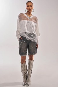Shorts cargo taille haute ornés de perles pour femme, style streetwear, fermeture boutonnée, tissu en coton tissé avec poches - Product Image 2