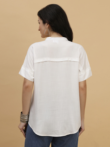 Chemisier blanc en lin pour femme à col mandarin, manches courtes, coupe ample, décontracté, respirant, uni, printemps-été - Product Image 2