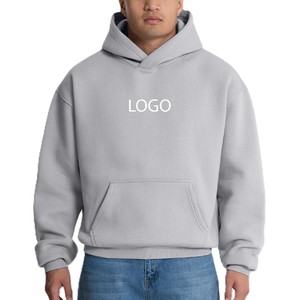 เสื้อฮู้ดดี้ทรงบ็อกซี่ สีเทา ผ้าฝ้ายฟลีซ 100% สำหรับผู้ชาย ทรงโอเวอร์ไซส์ ไหล่ตก สไตล์มินิมอล สตรีทแวร์ รับทำแบรนด์ตามสั่ง OEM - Product Image 1
