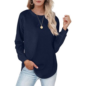 Sudadera de cuello redondo de color liso para mujer, top informal de algodón de manga larga con bolsillos, ropa de otoño - Product Image 5