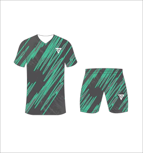 ชุดยูนิฟอร์มฟุตบอลแบบซับลิเมชั่นสำหรับผู้ชาย พร้อมเสื้อพิมพ์ลายเส้นแปรงแบบนามธรรมสีเทาเข้มและสีเขียวสะท้อนแสง และกางเกงขาสั้นเข้าชุด - Product Image 2