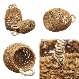 Cesta de Almacenamiento Tejida a Mano con Diseño de Rejilla Abierta, Asa Envuelta en Blanco, Maceta en Forma de Campana, Decoración Artística Pura - Product Image 2