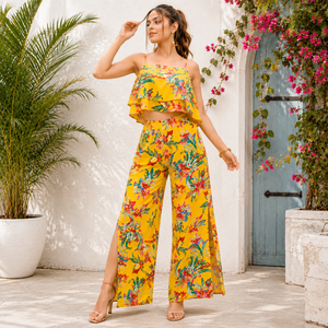 Women's <b>Boho</b> Floral Print 2-Piece Summer Set Sleeveless Short Crop Top & Above Knee Mini <b>Skirt</b> Polyester Fabric ODM - Product Image 3