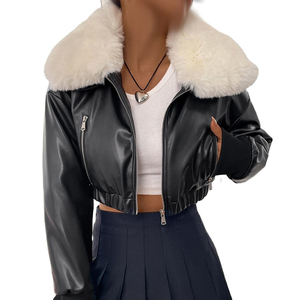 Chaqueta de moto de piel de vaca vintage para mujer, con cuello de pelo largo bordado, cremallera, bolsillos y hombros caídos, ideal para invierno. - Product Image 1