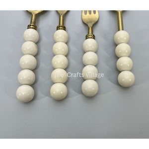 Luxury Gold Stainless Steel Cutlery <b>Set</b> White Beaded Handle <b>Spoon</b> <b>Fork</b> <b>Set</b> Premium Flatware Dining Utensils Wedding Tableware - Product Image 5