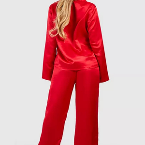 Pyjama en velours rouge uni pour femme, 100 % soie, manches courtes, haut de gamme, respirant, doux, taille élastique - Product Image 3