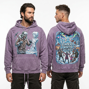 Sweat-shirt à capuche streetwear pour homme, motif Chevalier mort-vivant et siège de château, délavage vintage, vert turquoise clair, coupe oversize, grammage lourd - Product Image 4