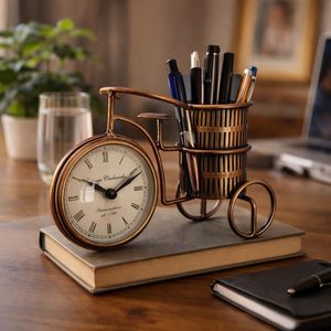 Brass Bicycle Desk Clock with <b>Pen</b> Holder Mechanical Movement Modern Design <b>Gold</b> Finish Hourly Chiming Silent Operation New Year - Product Image 3