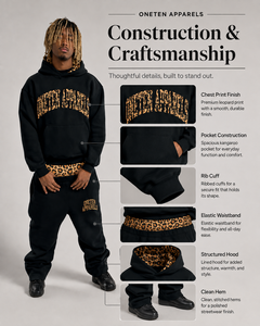 Ensemble sweat à capuche et jogging pour homme, noir, avec logo léopard, manches longues, coupe classique, streetwear, pour l'automne, délavé à l'acide, léger - Product Image 5