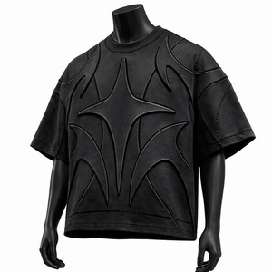 Camiseta de Manga Corta para Hombre, Negra, con Patrón Geométrico en Relieve, Corte Regular, Cuello Redondo, Informal, Tejida, 100% Algodón - Product Image 4