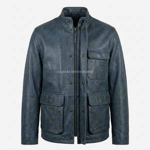 Veste en cuir bleue personnalisée pour homme, fournisseur en gros, OEM ODM, effet vieilli, multi-poches, col montant, manteau d'extérieur - Product Image 1