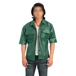 Deep Green <b>Half</b>-Sleeve Stand Collar Breathable Lightweight Comfortable Men's Pu Leather <b>Shirts</b> New Arrival Trendy Outerwear - Product Image 1