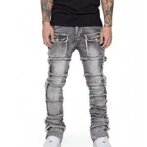 Nuevos Jeans Cargo de Mezclilla Apilados para Hombre, Estilo Biker, Lavados, con Parches en los Bolsillos y Mezclilla Resistente, con Logotipo y Diseño Personalizados - Product Image 1