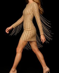 ชุดมินิเดรสประดับลูกปัดทองหรูหราสำหรับงานเลี้ยงตอนเย็นและงานค็อกเทล ขายส่งชุดมินิเดรสประดับลูกปัดทอง - Product Image 1