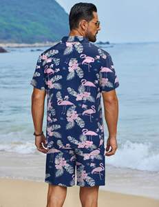Camisa de manga corta con botones y solapa para hombre, azul marino, rosa, con estampado de hojas tropicales y flamencos, conjunto de 2 piezas con pantalones cortos a juego, estilo hawaiano informal - Product Image 6