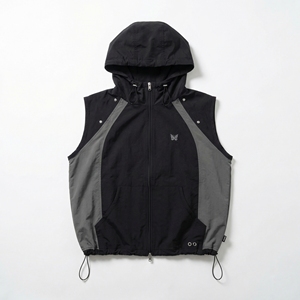 Chaleco Cortavientos sin Mangas con Capucha en Negro y Gris al por Mayor |   Chaleco Ligero para Actividades al Aire Libre |   Proveedor de Ropa Deportiva OEM - Product Image 1