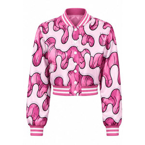 Chaqueta Varsity con Estampado de Llamas Rosas, Cuello Camisero, Manga Larga, Impresión Digital, Material de Poliéster, Corta, para Mujer - Product Image 3