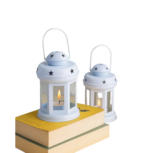 Lanterne en acier blanc avec motif croissant de lune et étoiles pour la décoration de la maison pendant le Ramadan, porte-bougie fait main - Product Image 2