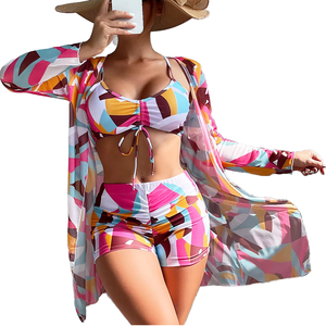 Women Geometric Print 2 Piece <b>Bikini</b> Set <b>Push</b> <b>Up</b> <b>Top</b> High Waisted Shorts With Long Sleeve Cover <b>Up</b> Swimwear - Product Image 6