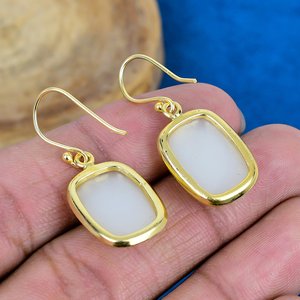 Natural Handmade White Moonstone Cushion Shape Gemstone Drop Earrings 18k Micron Gold Over 925 <b>Sterling</b> <b>Silver</b> - Product Image 4
