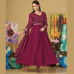 ชุดอานาร์กาลีผ้าจอร์เจตต์สีชมพูเข้มสำหรับผู้หญิง ดีไซน์สวยที่สุด แขนสามส่วน แบบเย็บกึ่งสำเร็จ เหมาะสำหรับงานแต่งงานและงานเฉลิมฉลองต่างๆ - Product Image 1
