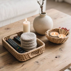 Bandeja redonda de ratán hecha a mano para servir, bandejas decorativas tejidas para otomanas/con asas para mesa de centro, color marrón natural - Product Image 1