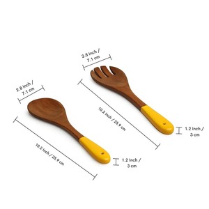 Bol à salade en bois d'acacia fait main, intérieur jaune, ustensiles de service assortis, résistant à la chaleur, design contemporain pour usage domestique - Product Image 3